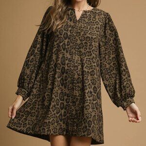 Umgee Leopard Print Long Sleeve Swing Dress